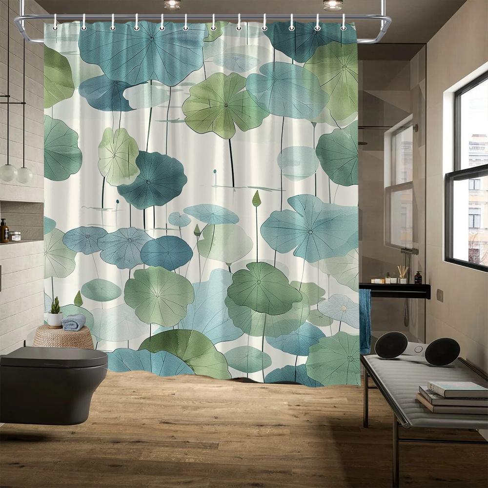 Water Lilies Shower Curtain - Blue, Green & Teal Translucent Designs, Polyester, 70.8x70.8", 12 Hooks, Minimalist Tranquil Decor