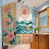 Retro Beach Collage Shower Curtain – Mermaid, Hibiscus, Starfish & Sun, 12 Hooks, 70.87×70.87" Waterproof Bathroom Decor