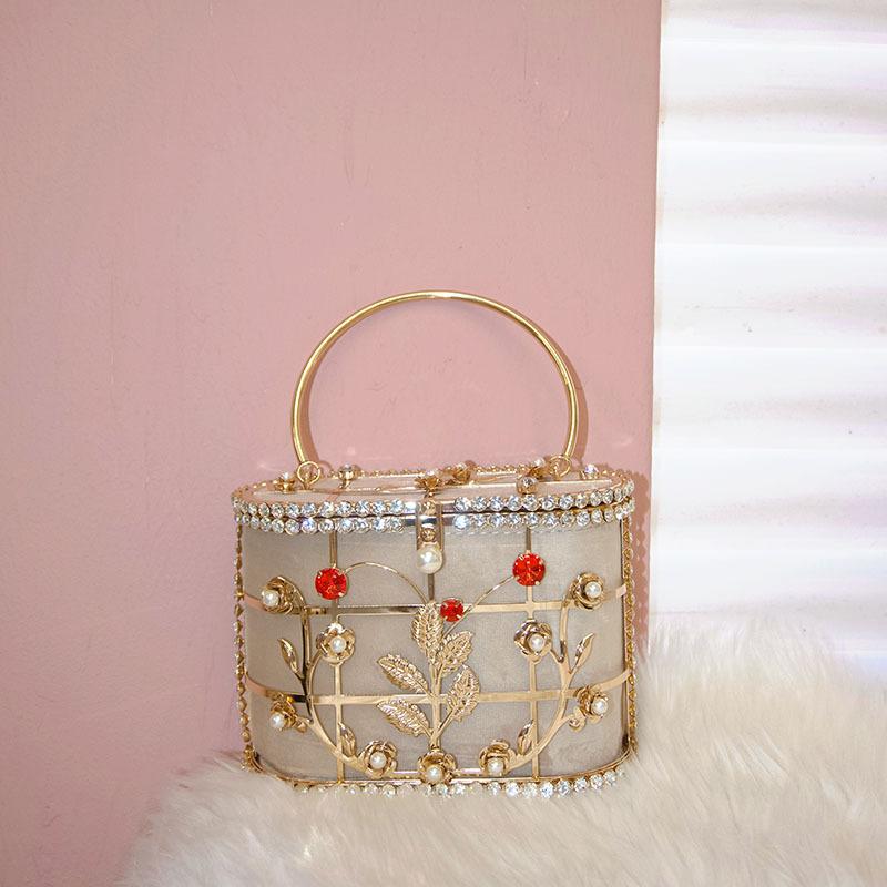 Metal Birdcage Hollow Vegetable Basket Bag Shiny Not Efficient Rhinestone Flowers Premium Portable Dinner Bag