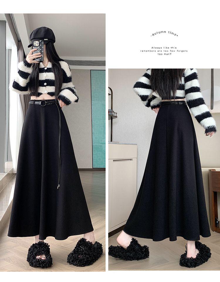 Women's Gray Velvet Woolen A-Line Skirt: Elastic Waist, Warm Half-Length Winter Style with Wide Hem