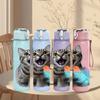 1PC Playful Cat With Feather Toy Print 750ml Color Plastic Sports Water Bottle Leakproof Flip Straw Lid Suitable for Sports Office Home Use