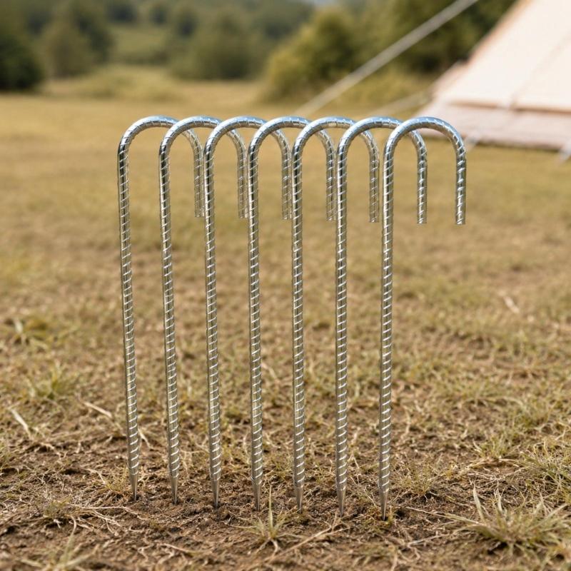 Camping Tent Stakes with a Pointed Ground End and J-Bend Head, Steel 8-Piece Set for Shelter Cord, Tarps, and Canopies