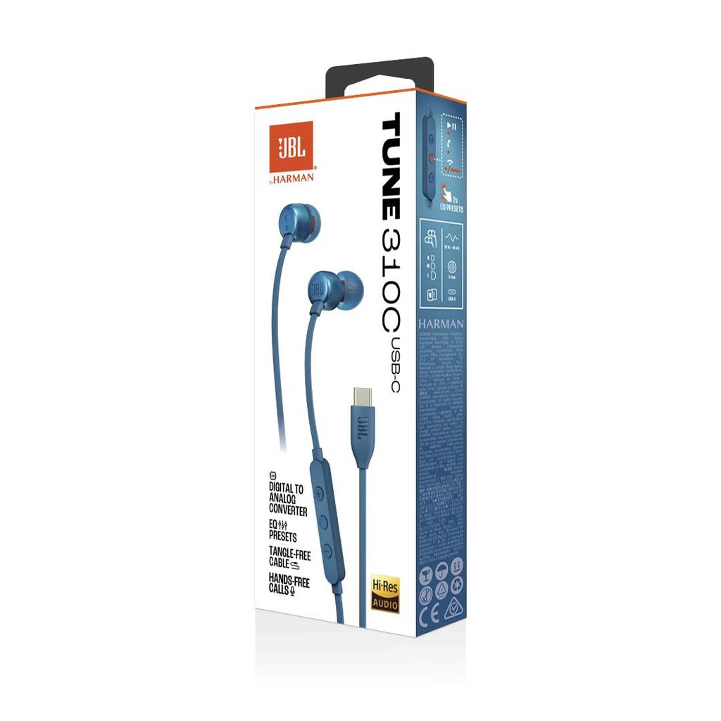 JBL TUNE310C USB Type-C Earphones 96kHz/24bit DAC 3-Button Remote Microphone Flat Cable 9mm Driver Blue