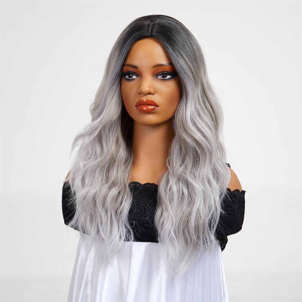 ALAN Long Ombre Dark Root to Grey Paruky Vlnité kudrnaté syntetické paruky pro ženy Denní Cospaly Natural Party Tepelně odolné
