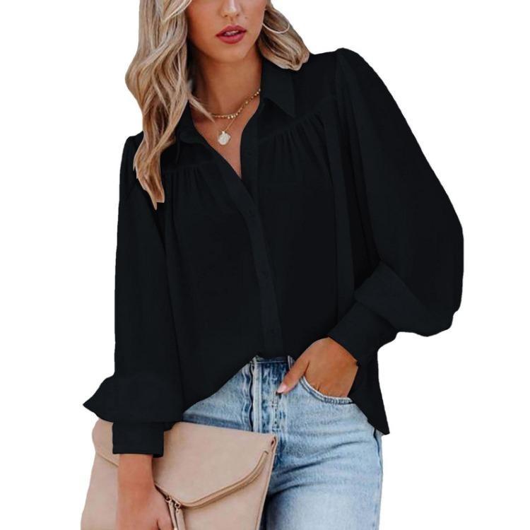 Women Loose Solid Color Button Down Shirt with Pleated Lantern Sleeves