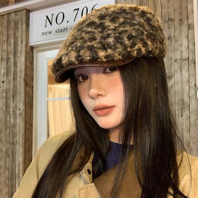 Retro Leopard Print Plush Forward Hat Women's Autumn and Winter Hat Big Head Circumference Showing Face Little Hot Girl Beret