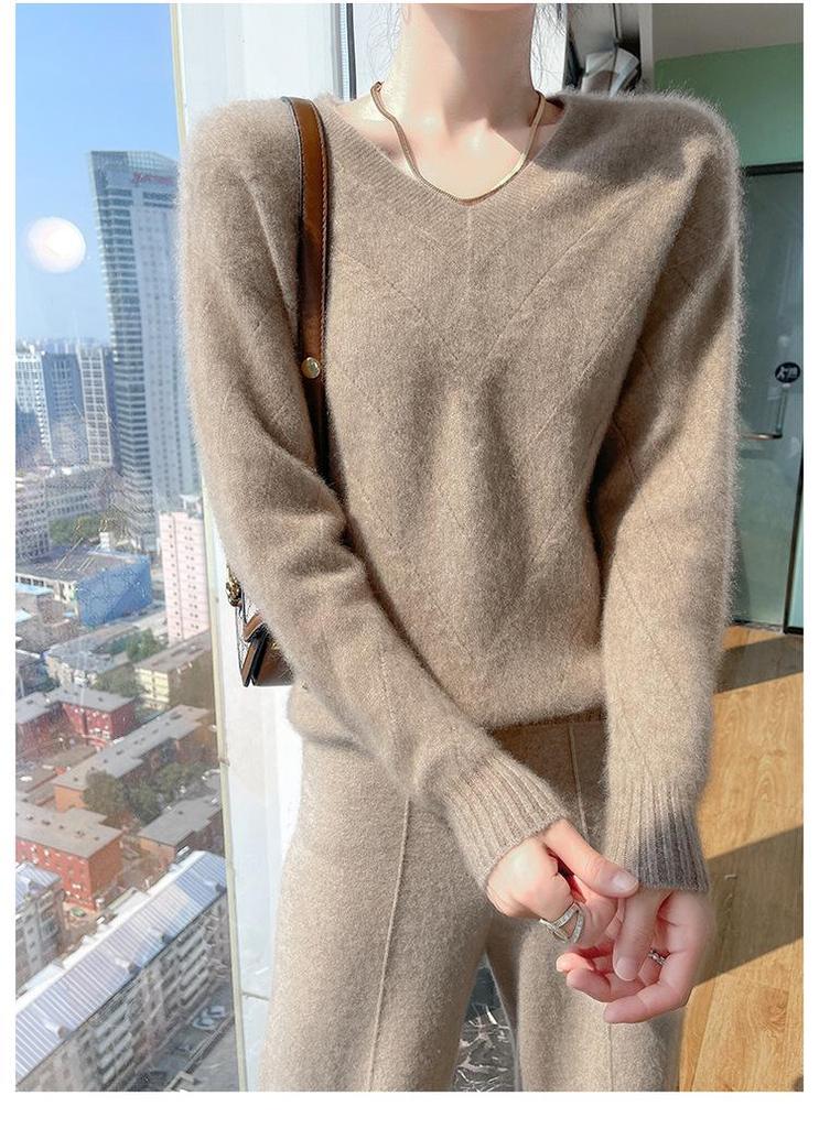 Women's Australian Pure Wool V-Neck Sweater - Autumn/Winter Loose Knit Long Sleeve Outerwear