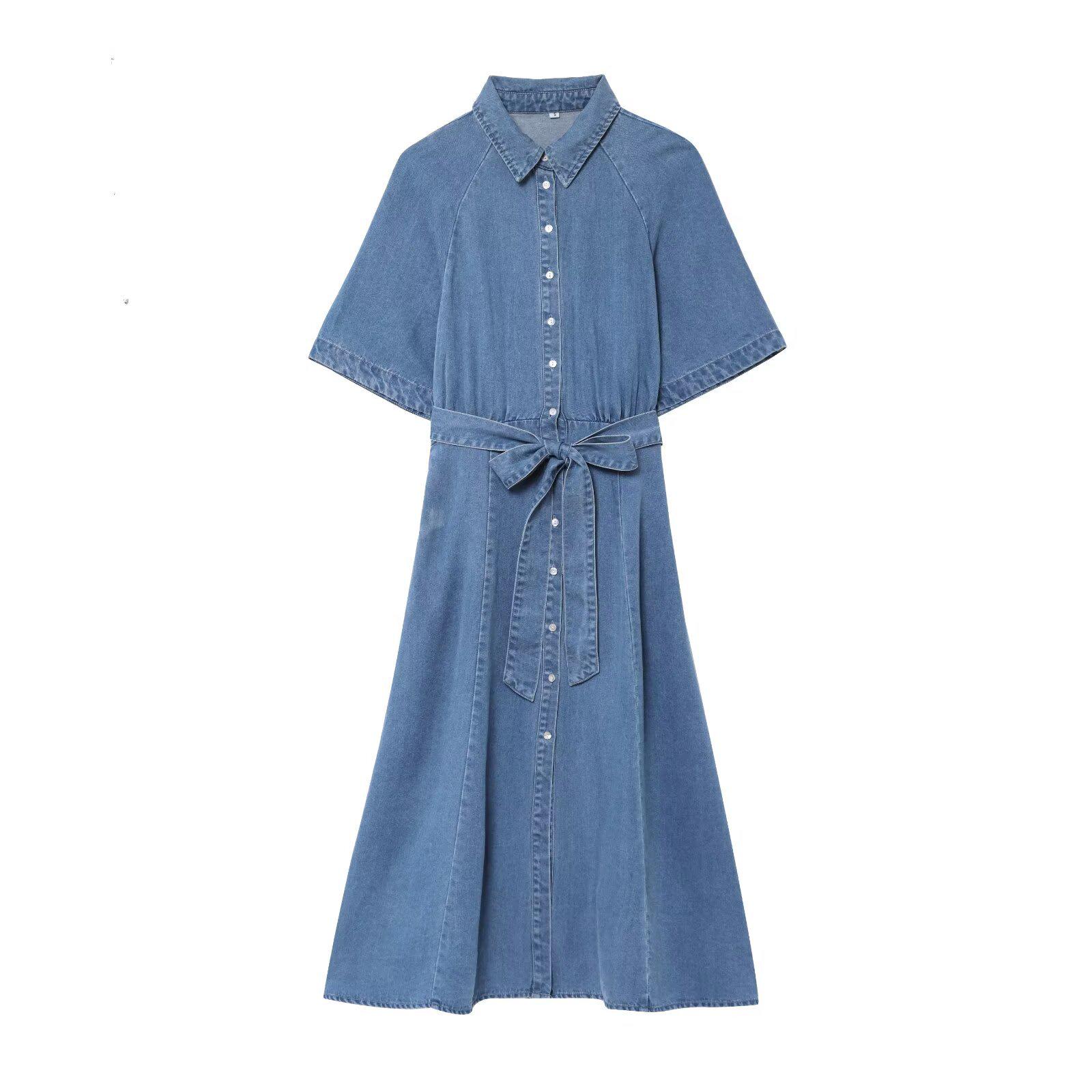 

Spring 2025 Retro Lapel Slim-Fit Denim Dress with Belt - European & American Style Women s Short-Sleeve S