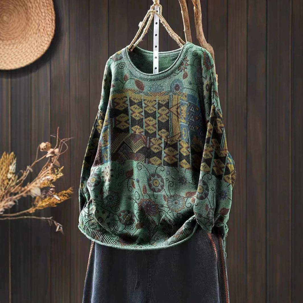 

Зимний ретро цветной хлопковый трикотажный свитер женский свободный большой доски личность повседневный пуловер с круглым вырезом L зелёный