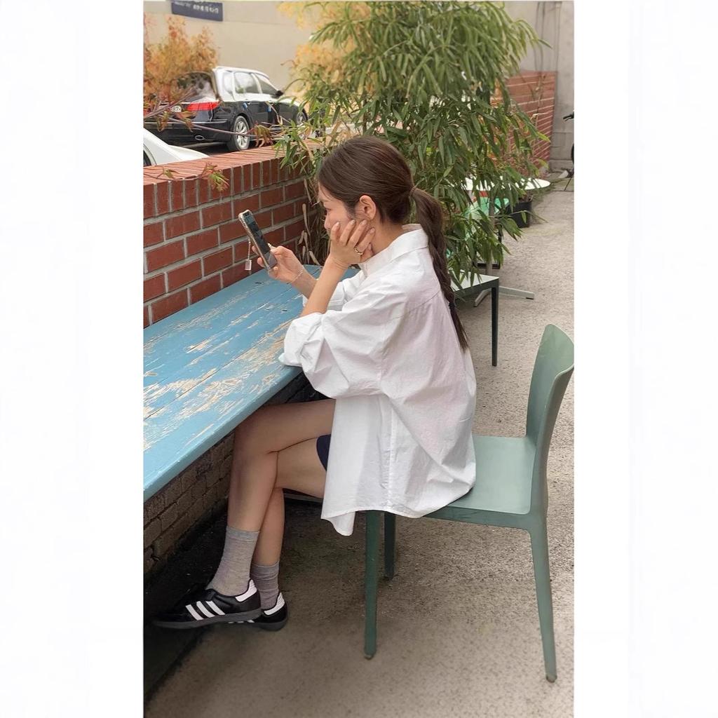 Women's Cotton White Long Sleeve Shirt, 2025 Spring Autumn Korean Loose Oversized Casual Sun Protection Button Down Blouse Outerwear