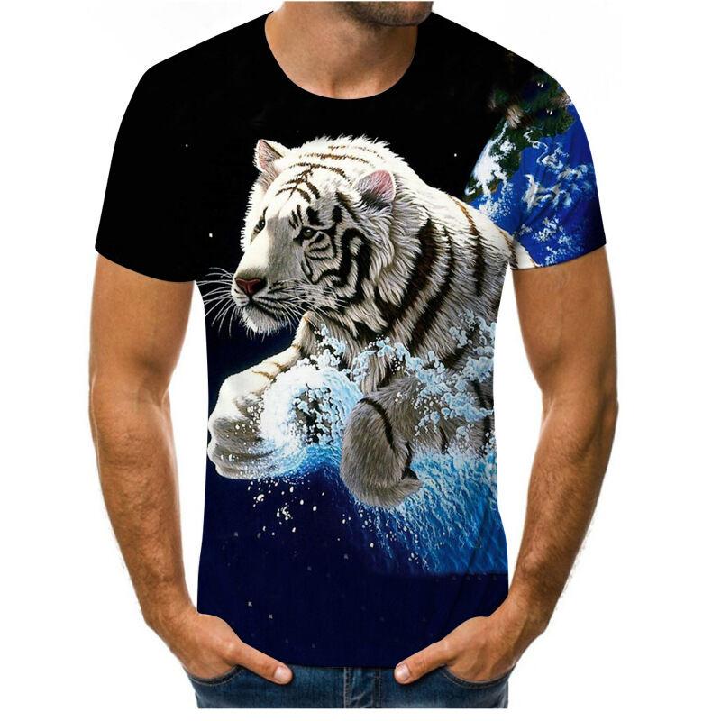 Summer New Style 3D Digital Print round Neck Short Sleeve T-Shirt Lion Tiger Pattern Men's Casual Top Quality Polyester V-Neck