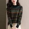 Half Turtleneck Knitted Sweater for Women Vintage Jacquard Sweater Fashionable Striped Casual Pullover for Autumn and Winter