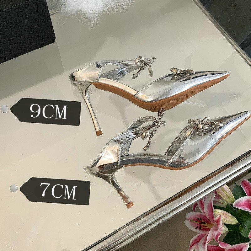 Advanced Sense ~! Silver Patent Leather Rhinestone Bow Pointy Half Slippers For Women With Fine Heels And High Heels