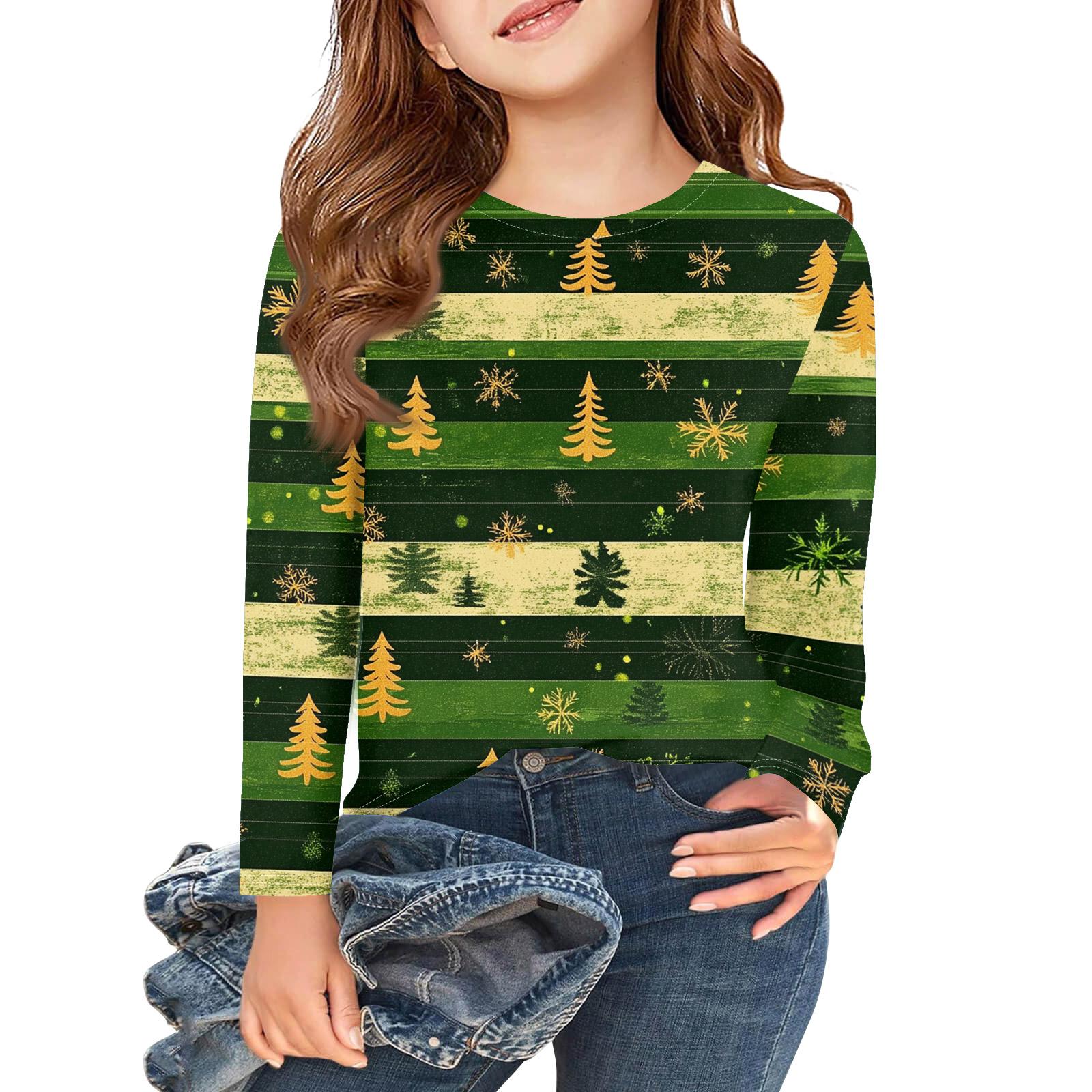 

Рождественские футболки с длинным рукавом для девочек, детские осенние топы с круглым вырезом и принтом, базовые футболки 140