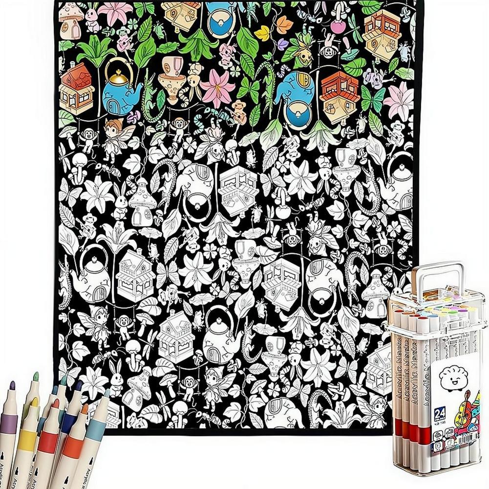 DIY Coloring Blanket With 24 Color Acrylic Markers Floral Theme Cloth Painting Throw Blanket For Sofa Bedroom Decor Gift