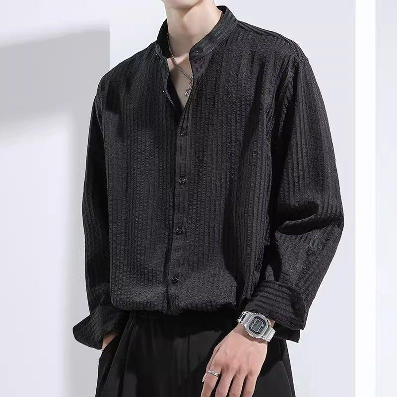 Style Bubble Puff Black Striped Long-sleeved Shirt Men's Spring and Autumn New Style High-end and Handsome Stand-up Collar