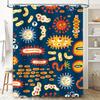 Modern Bathroom Shower Curtain featuring Microbes Pattern Blue Backdrop with Red, Yellow White Stripes Decorative Waterproof F