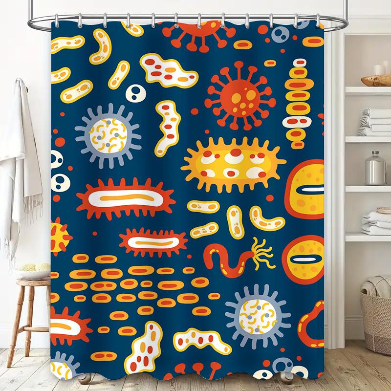 Modern Bathroom Shower Curtain featuring Microbes Pattern Blue Backdrop with Red, Yellow White Stripes Decorative Waterproof F