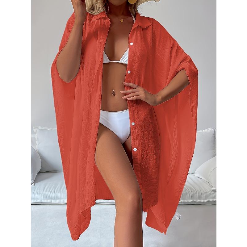 Loose Shirt-Style Beach Cover-Up | Vacation Kimono for Bikini, Long Length Solid Color with Lapel Collar