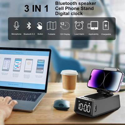 Altavoz Inalámbrico 3 en 1 Altavoz Bluetooth con Despertador Fuerte Soporte para Teléfono Móvil Pantalla 12H Altavoz Soporte Plegable