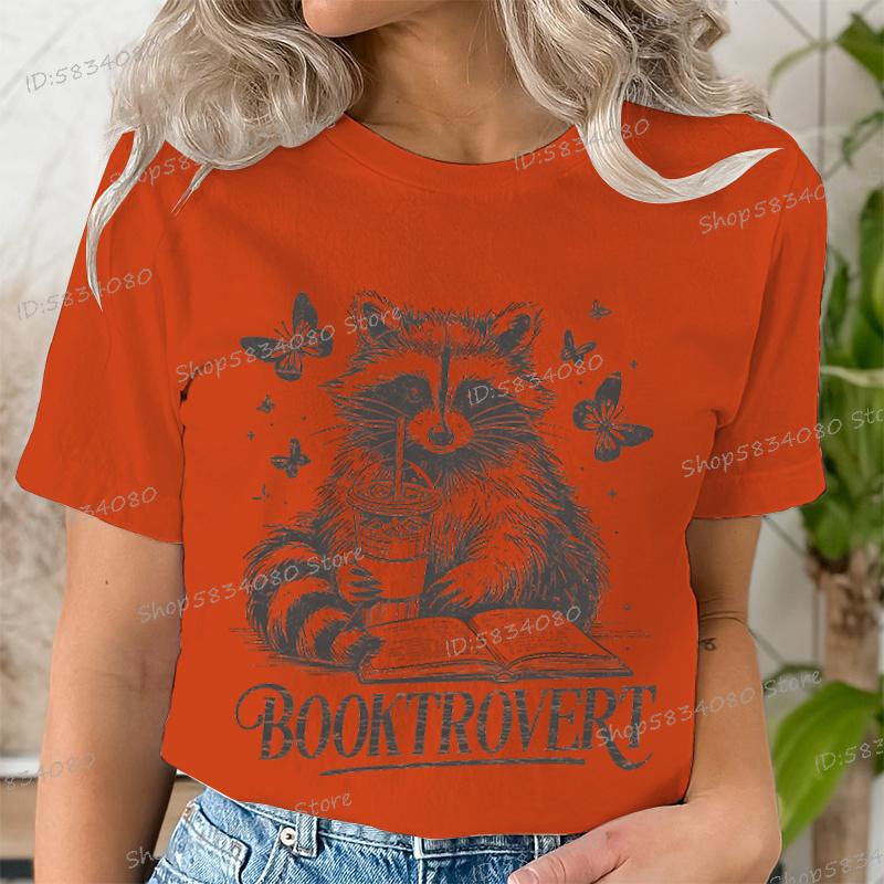 Funny Reading Raccoon Graphic T Shirts Women Booktrovert Essential Classic Tops Casual Book Lover Gift Tee Retro Bookish Clothes