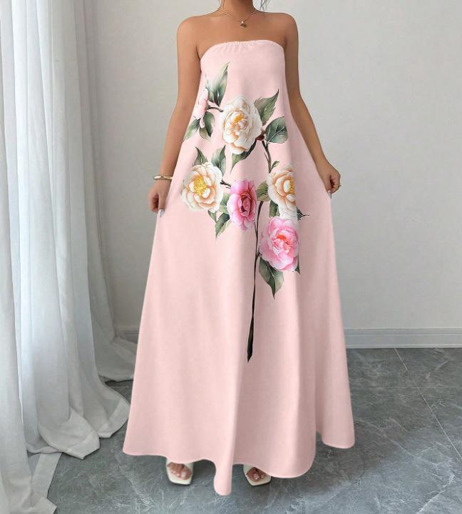 New spot, European and American cross-border fashion casual large skirt printed flower long sleeveless dress
