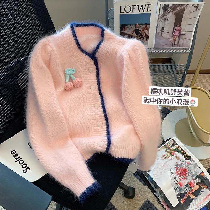 Pink Three-dimensional Cherry Sweater Women's Autumn and Winter New Sweet Furry Short Knitted Cardigan