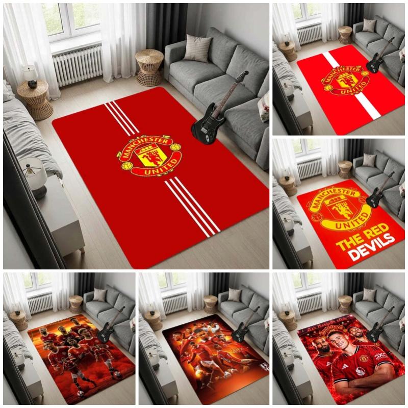 Manchester United Logo Area Rug, Red Base White Stripe Team Crest Print Non Slip Floor Rug for Football Fan Bedroom Living Room Decor