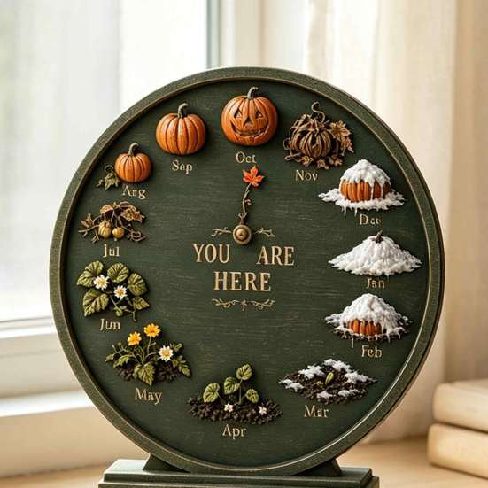 Autumn Calendar Decoration Wooden Seasonal Month Decor, Round Farmhouse Perpetual Season Clock, Gift for Lovers Pumpkin Four Seasons Tabletop Ornament