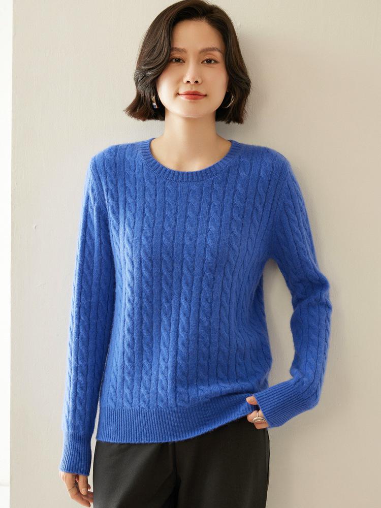Women's Retro Cable Knit Cashmere Pullover Sweater, Round Neck, Slim-Fit, Autumn/Winter 2024 Collection