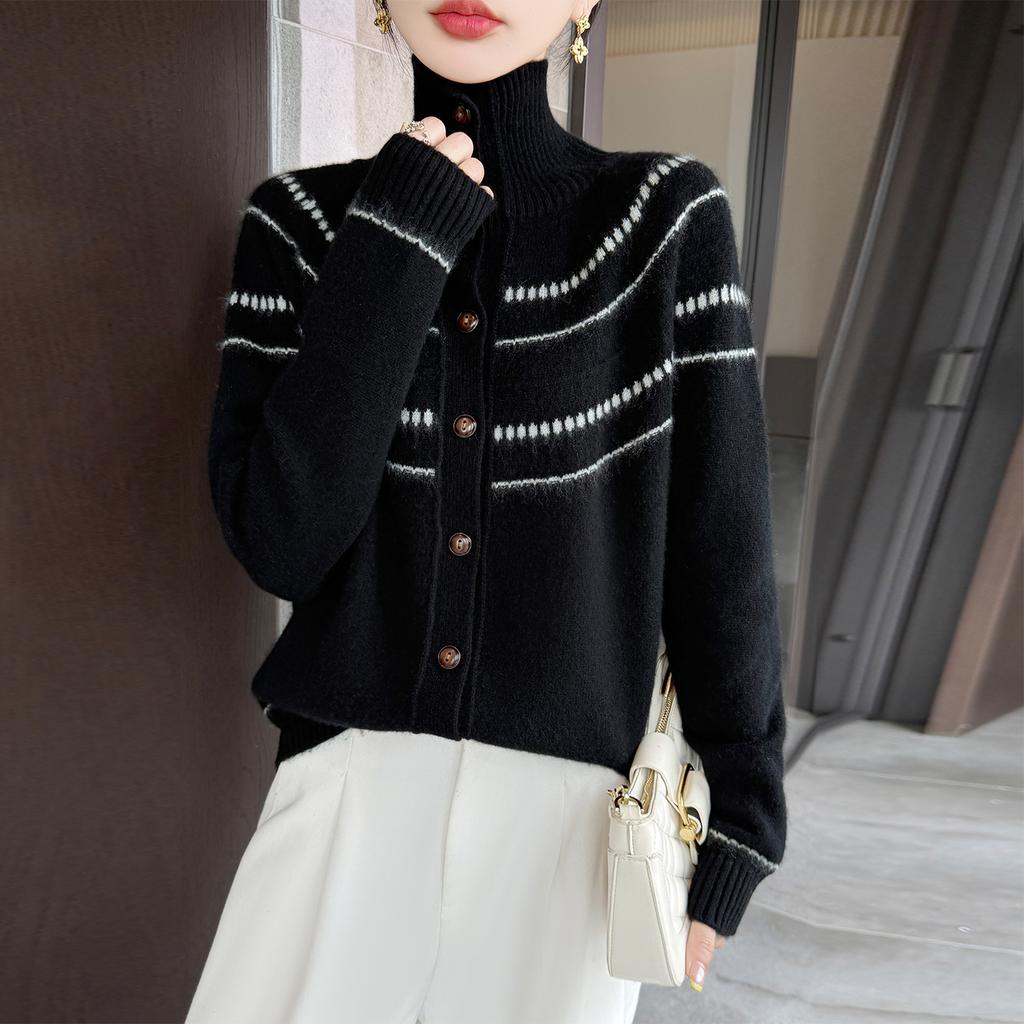 Women Autumn Winter Knit Cardigan Retro Fair Isle Pattern Round Neck Long Sleeve Loose Wool Blend Sweater Coat Casual Outerwear