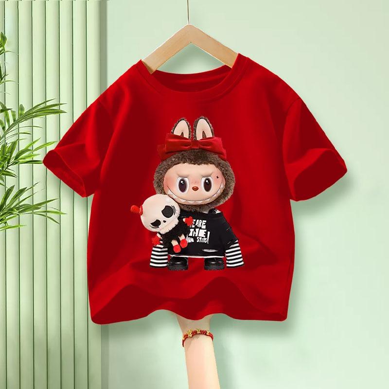 LABUBU Children's Short Sleeve T-shirt Soft and Comfortable Fabric LABUBU Pattern Girl Round Neck Short Sleeve Casual Style Top