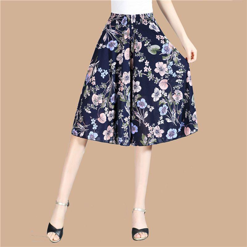 WTEMPO Women's Spring Summer Ice Silk Wide Leg Pants Elastic High Waist Thin Printed Skirt Pants Mother's Loose Cropped Pants