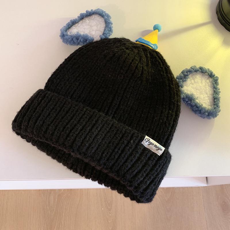 Niedliche Cartoon Plüsch Ohren Strickmütze Damen Herbst und Winter Neu Warm und Vielseitig Lustiges Gesicht Zeigt Kleine Wollmütze