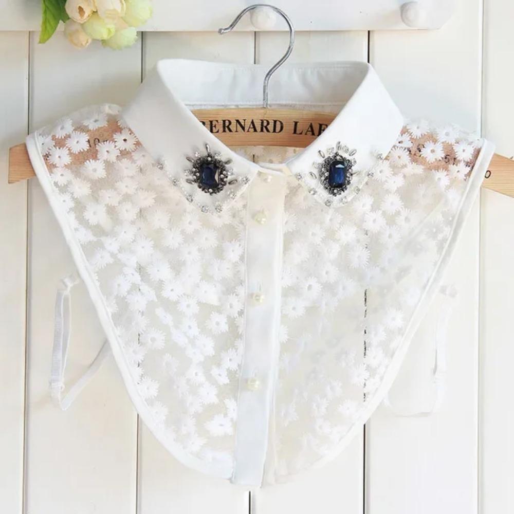 Linbaiway Embroidery Cotton Fake Collars for Women Removalbe False Collar Blouse Rhinestone Clothes Female Detachable Neckwear
