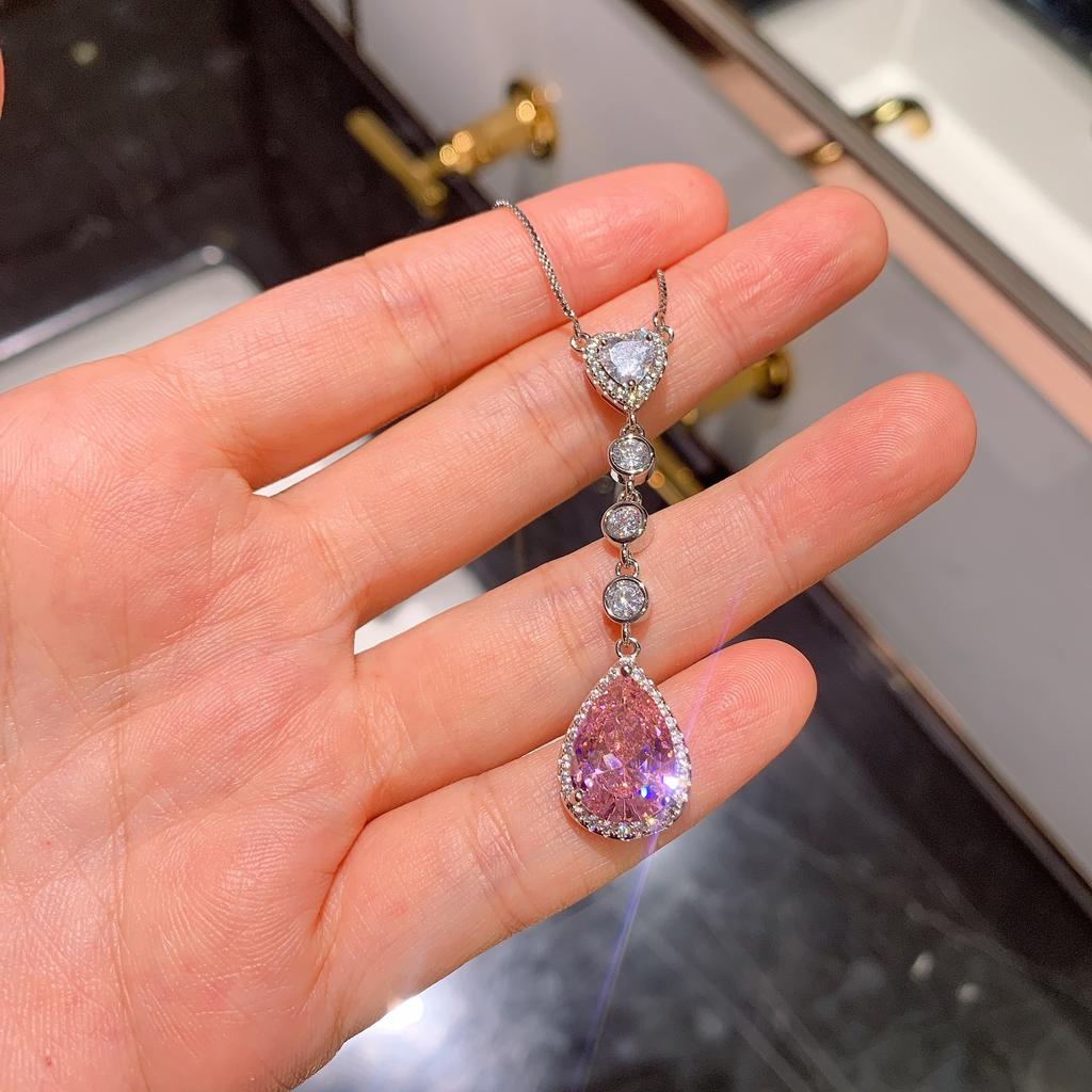 Jewelry Simulation Pink Diamond Water Drop Pendant Water Drop Earrings Necklace Female Color Treasure Set