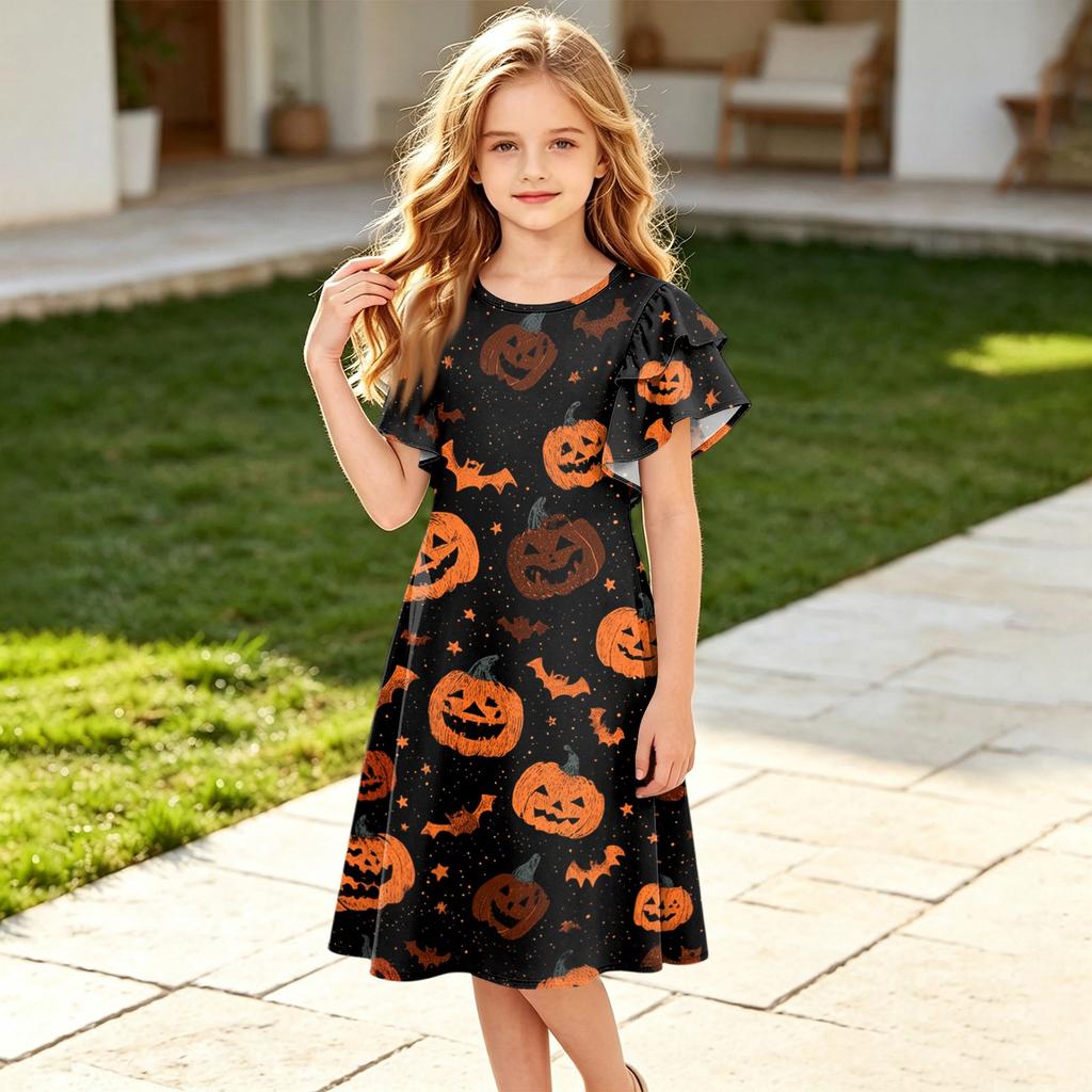 Children's ruffled sleeve dress with round neckline, A-line style, casual Halloween print dress