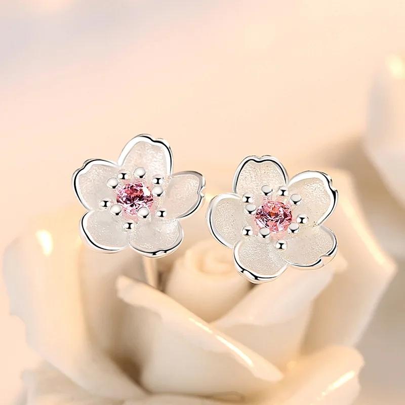 Real 925 Sterling Copper Fashion Fungus Ornaments Romantic Cherry Small Clean Earrings Pink Purple Luxury Zircon for Women Girl