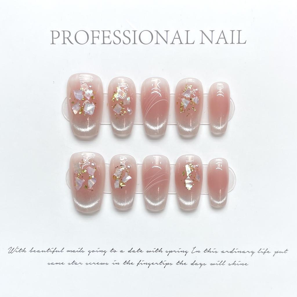10Pcs Handmade Aurora Press On Nails Long Almond Shape Floral Design Full Cover False Nail Tips For Women