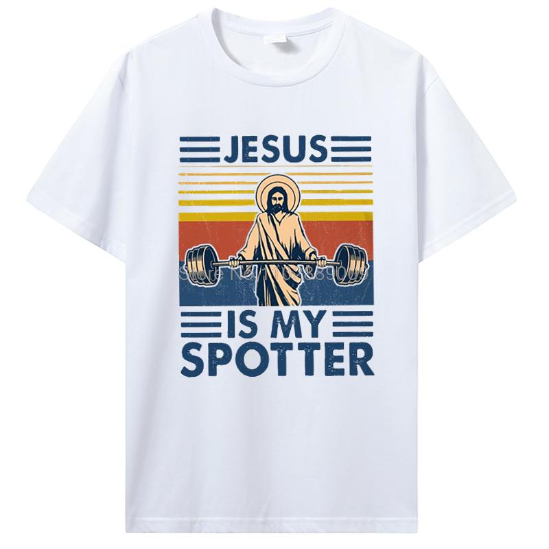 Herren Bodybuilding T-Shirt Pumping Training Crossfit Schwarzes T-Shirt Fitness Jesus Ist Mein Spotter T-Shirt Baumwoll-Tees Streetwear