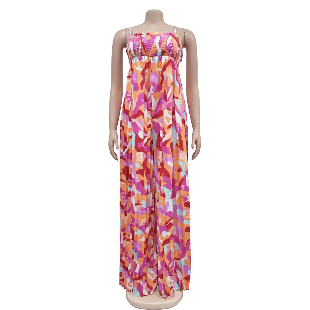 Women's Fashion Sexy Printed Strappy Pleated Wide-Leg Jumpsuit