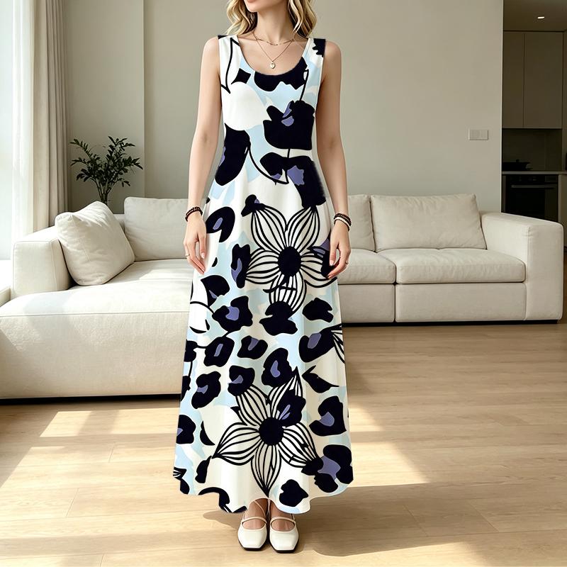 Summer Bohemian Floral Sleeveless Maxi Tank Dress,Lightweight Flowy Elegant Casual Dress,Daily Street Wear for Women