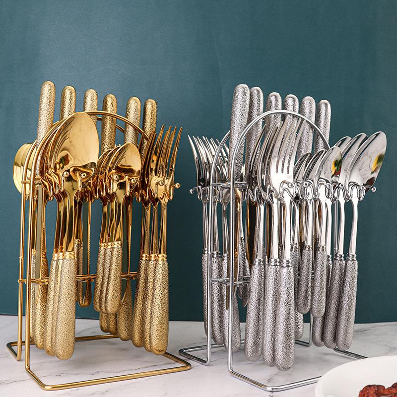 High-end Titanium Gold Process Stainless Steel Tableware Light Luxury Tableware Cutlery Set Kitchen Dining Bar Home Garden