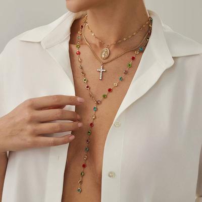 Salircon 3 Pcs/Set Trendy Simple Cross Pendant Necklace Women Hip Hop Sexy Metal Tassel Colourful Crystal Clavicle Chain Jewelry