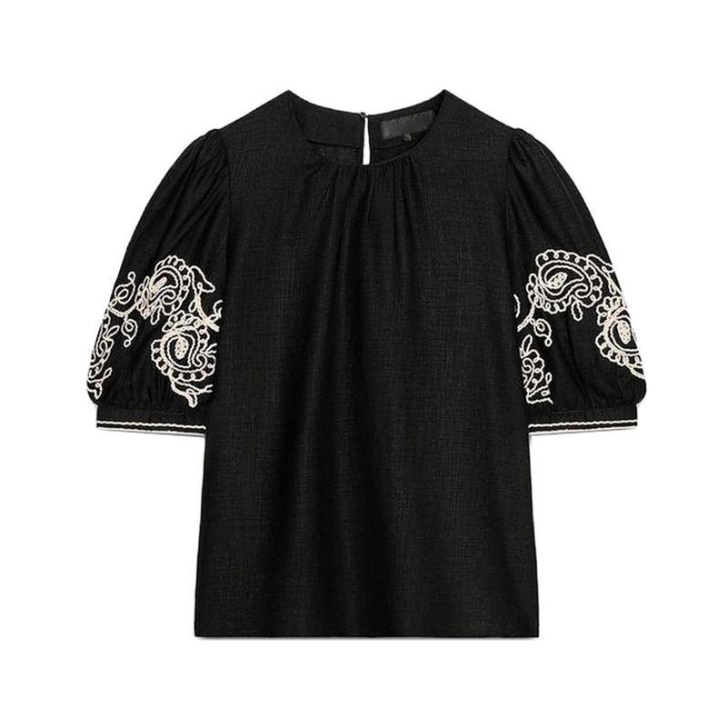 

round Neck Puffy Short Sleeve Linen Blend Embroider Tops 2731105 Mid Waist Embroidered Wide-Leg Pants 2731104 Black Tops L