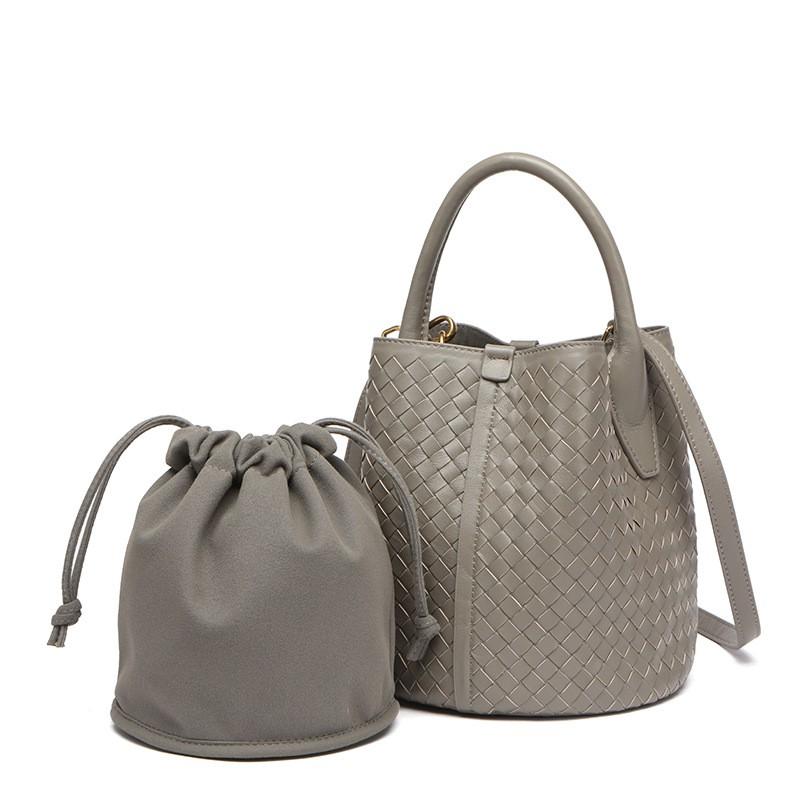 Womens Genuine Leather Woven Bucket Bag Handheld Crossbody Tote In Black Green Beige Mauve White