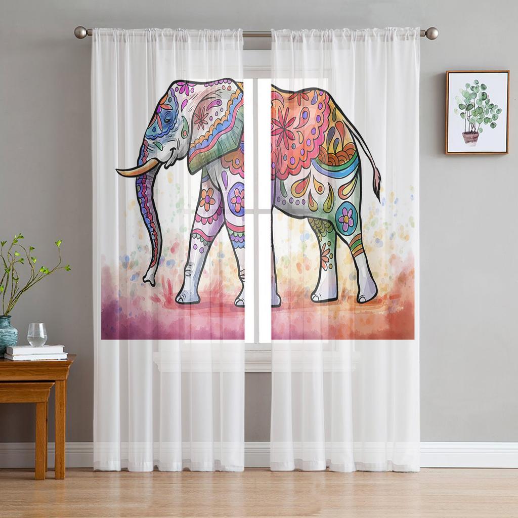 Elephant Big Stupid Bird Heart Gray Blue Sheer Curtains for Living Room Bedroom Decoration Window Voiles Morning Tulle Curtain