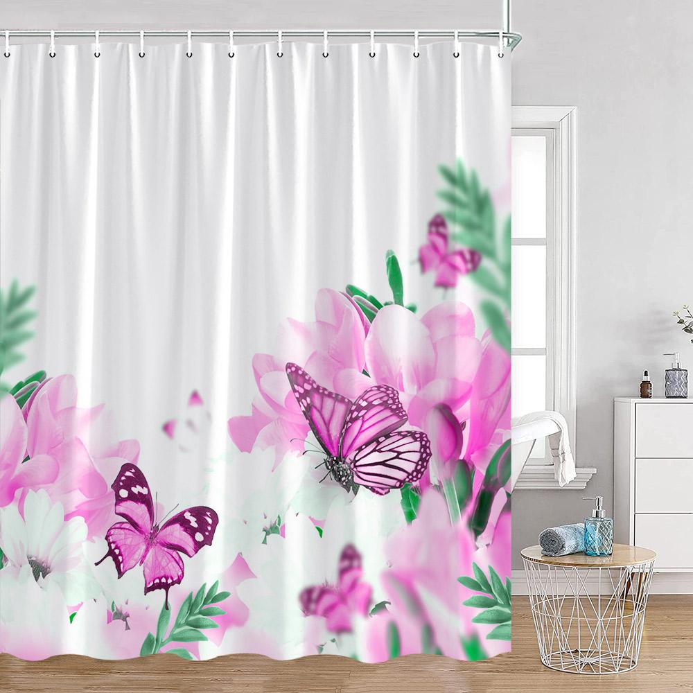 Butterfly Shower Curtains Multicolored Flowers Pastoral Floral Bathroom Decorations Rustic Polyester Bath Curtains with Hooks