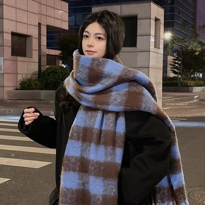 Atmosphere blue coffee plaid scarf women's new warm versatile plaid scarf student couple thickened shawl