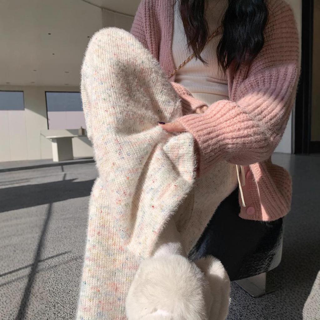 Plush Rainbow High-Waist Women's Knitted Wide-Leg Pants - Autumn/Winter 2024 Collection